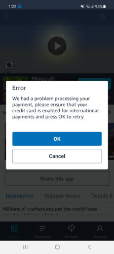 amazon app store comprar apps error