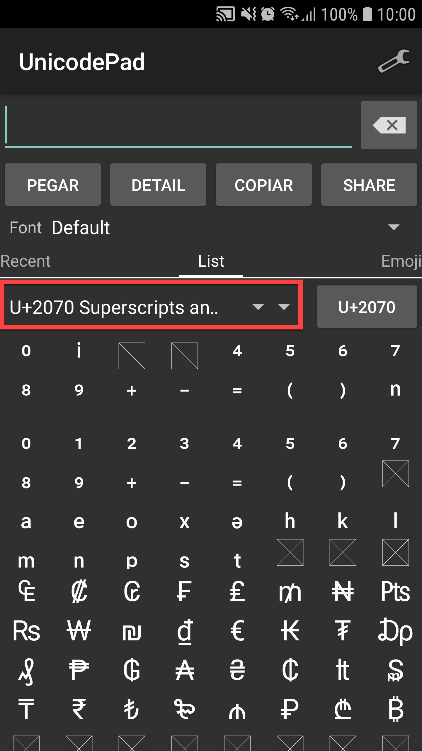 Números pequeños teclado celular, superíndice • Android