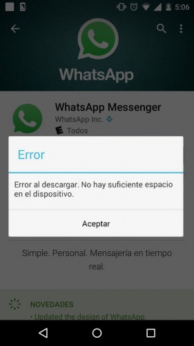 error descargar whatsapp espacio