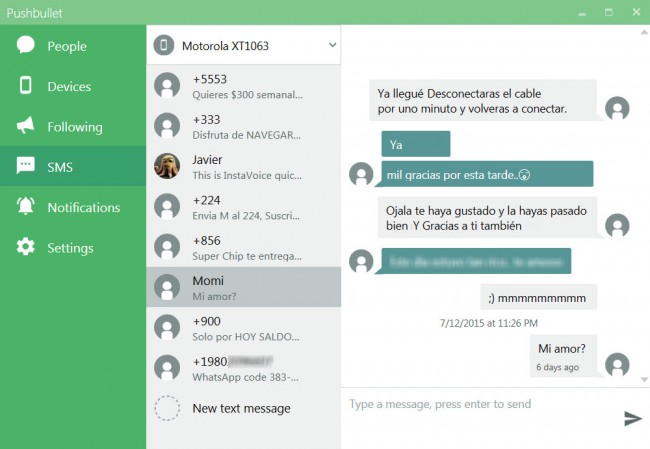 pushbullet cliente sms