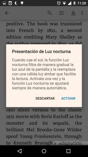 activar luz nocturna en Google play libros