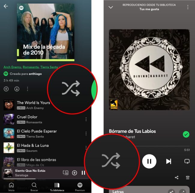 Modo aleatorio Spotify Desactivado