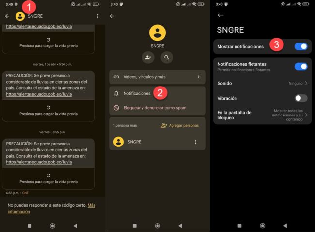 desactivar notificaciones sms numeros especificos