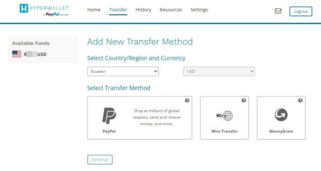 hyperwallet añadir transferencia