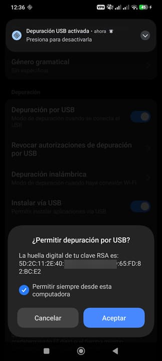 Permitir depuracion por usb