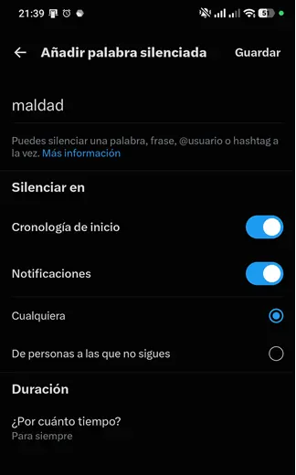 silenciar palabras en x